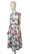 Load image into Gallery viewer, Original 1950's Crisp White Cotton Day Dress with Stripes and Roses Print - Bust 36