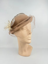 Load image into Gallery viewer, Original 1950's Light Brown Felt Hat with Half Face Net and Fluffy Feather Trim *