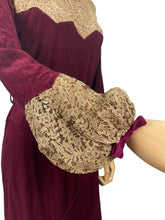 Load image into Gallery viewer, Absolutely Stunning Original 1930's Burgundy Chenille Dress With Bow Belt, Pointed Lace Yoke and Full Sleeves - Bust 34 35