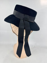 Load image into Gallery viewer, Original 1940's Inky Black Felt Topper hat by Harrods with Grosgrain Bow Trim *