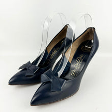 Load image into Gallery viewer, Original 1950's Dolcis De Liso Debs Indigo Blue Leather Stiletto Heels with Bow Trim - UK 6 6.5