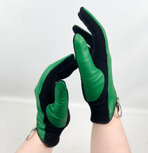 Load image into Gallery viewer, Original 1960's Bright Green and Black Leather and Fabric Gloves with Zip Closure *