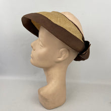 Load image into Gallery viewer, Original 1940’s Natural Straw Hat with Open Crown and Grosgrain Trim and Bow