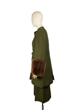 Load image into Gallery viewer, Original 1940's Olive Green Herringbone Wool Long Line Belted Jacket and Skirt Suit with Faux Fur Trim - Short Coat - Bust 36 38
