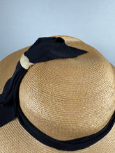 Load image into Gallery viewer, Original 1930's Natural Straw Hat with Navy and Ivory Grosgrain Trim