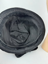 Load image into Gallery viewer, Original 1950's Inky Black Bonnet Hat in Straw and Grosgrain with Neat Bow Trim