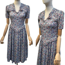 Load image into Gallery viewer, Original 1930's Floral Crepe Day Dress in Blue, Red and Green with Frill Trim - Bust 34