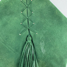 Load image into Gallery viewer, Stunning Original 1930's Forest Green Suede and Leather Five Sided Bag with Tassel Detail and Gold Clasp