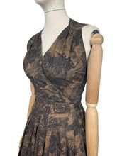 Load image into Gallery viewer, Original 1950's Petite Fit Black and Brown Floral Print Sleeveless Day Dress - Bust 32 34 *