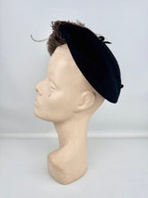 Load image into Gallery viewer, Original 1950’s Black Felt Hat with Large Ostrich Feather and Paste Trim by Wilmine *