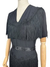 Load image into Gallery viewer, Original 1940's B Altman New York Full Length Black Crepe Evening Dress with Fringe Detail - Bust 36 38