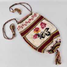 Load image into Gallery viewer, Antique Edwardian Crochet Drawstring Bag with Embroidered Floral Panels