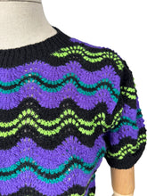 Load image into Gallery viewer, Reproduction 1940’s Hand Knitted Feather and Fan Striped Jumper in Black, Purple, Teal and Neon Green - Bust 36 38 40 *