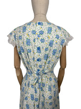 Load image into Gallery viewer, Original 1940's White and Blue Floral Cotton Button Back Belted Day Dress with Ruffle Trim - Bust 38