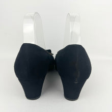 Load image into Gallery viewer, Original 1940's Black Suede Devonshire Court Shoes with Cutout Front and Bow Trim - Size 4.5