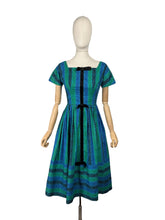 Load image into Gallery viewer, Original 1950's Teena Paige Black, Blue and Green Stripe Cotton Day Dress with Velvet Bow Trim - Bust 34 *