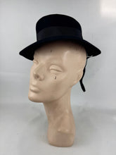 Load image into Gallery viewer, Original 1940's Inky Black Felt Topper hat by Harrods with Grosgrain Bow Trim *