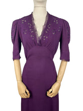 Load image into Gallery viewer, Original 1940's Cadbury Purple Crepe Full Length Evening Dress with Cutout Detail and Lace Trim - Bust 36 *
