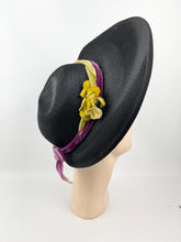 Load image into Gallery viewer, Utterly Exceptional American Made 1940s Black Straw Hat with Velvet Bow Trim in Purple, Ochre and Cerise