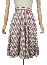 Load image into Gallery viewer, Original 1950's Full Circle Skirt in Abstract Print of Pink, Red, Mustard and Grey on White - Waist 27" *
