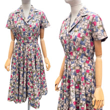 Load image into Gallery viewer, Original 1950’s Crisp Cotton Day Dress in Grey, Blue, Pink and Green - Bust