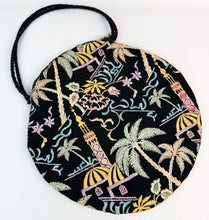 Load image into Gallery viewer, Original 1920's Black Cotton Bag with Vibrant Silk Embroidery of Flowers, Palm Trees and Buildings *