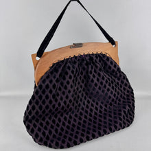 Load image into Gallery viewer, Original 1920's 1930's Dark Purple Silk Bag with Inky Black Flock Detailing and Wooden Frame