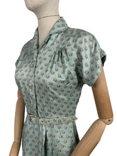 Load image into Gallery viewer, Original 1950's St Michael Sage Green Artificial Silk Belted Day Dress with Pretty Floral Print in Pink, Yellow and White - Bust 34 36 *