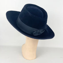 Load image into Gallery viewer, Original 1940’s Midnight Blue Fur Felt Fedora Hat with Wide Brim