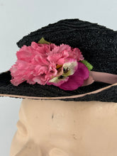 Load image into Gallery viewer, Original Late 1930's or Early 1940's Pink and Black Straw Topper Hat with Floral Trim
