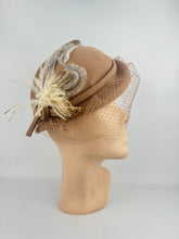 Load image into Gallery viewer, Original 1950's Light Brown Felt Hat with Half Face Net and Fluffy Feather Trim *