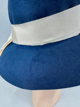 Load image into Gallery viewer, Original 1930's 1940's Blue Felt Fedora with Wide Ivory Grosgrain Band