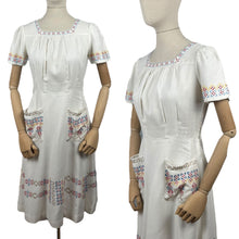 Load image into Gallery viewer, Original 1930's White Linen Day Dress with Pretty Embroidery in Red, Blue, Yellow and Brown - Bust 32 33 *