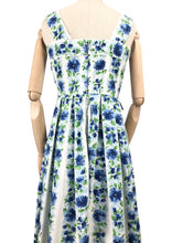 Load image into Gallery viewer, Original 1950's White and Blue Floral Stripe Cotton Dress Made in France - Bust 34 35 *