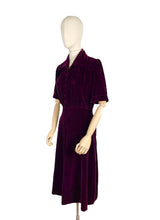 Load image into Gallery viewer, Original 1940's Aubergine Purple Cotton Velvet Dress with Huge Collar and Covered Buttons - Bust 38 40
