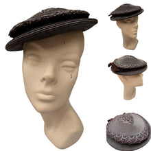 Load image into Gallery viewer, Original 1940's Dark Brown Lacquered Straw Hat with Wide Velvet Bow Trim