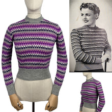 Load image into Gallery viewer, Reproduction 1930's Hand Knitted Long Sleeved Stripe Jumper in Silver Grey, Purple, White and Pink Pure Wool - Bust 34 36 *