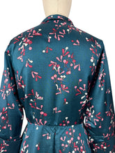 Load image into Gallery viewer, Original 1950’s Artificial Silk House Coat in Petrol Blue with Sycamore Seed Print in Pink and White - Beautiful Dressing Gown - Bust 36” *