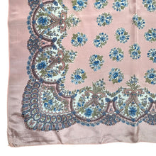Load image into Gallery viewer, Original 1950's Salmon Pink Silk Crepe Scarf with Floral Print in Blue, Green, White and Black - Great Headscarf