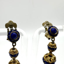 Load image into Gallery viewer, Original 1930's 1940's Blue Glass Clip on Dangle Earrings on Gold Tone Metal