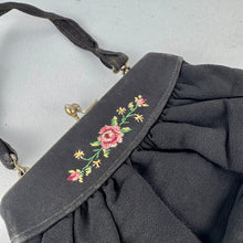 Load image into Gallery viewer, Original 1940's or 1950's Black Crepe Evening Bag with Rose Embroidery