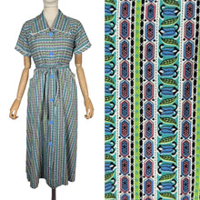 Load image into Gallery viewer, Original 1950's Australian Made Bright Floral Stripe Cotton Belted Day Dress in Green, Blue, Pink, Black and White - Bust 38 40 *