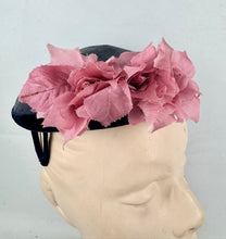 Load image into Gallery viewer, Original 1950's Dark Blue Lacquered Straw and Velvet Hat with Pink Floral Trim
