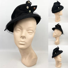 Load image into Gallery viewer, Incredible Original 1930's 1940's Black Felt Topper Hat with Net, Glass Beads and Butterfly Trim *