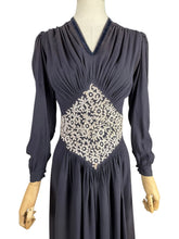 Load image into Gallery viewer, Original Late 1930's or Early 1940's Midnight Blue Crepe Day Dress with Long Sleeves and Amazing Soutache Waist Detail - Bust 34 35