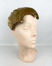 Load image into Gallery viewer, Original 1950's Padded Clam Shell Hat in Old Gold Velvet and with Sequin Trim *