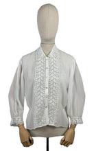 Load image into Gallery viewer, Vintage 1970's 1980's White Chiffon Blouse with Lace Bodice and Cuff Trim - Bust 38 40