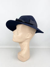 Load image into Gallery viewer, Original 1930's Dark Blue Seamed Felt Fedora with Grosgrain Trim by Fenwick