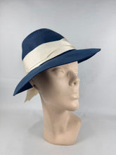 Load image into Gallery viewer, Original 1930's 1940's Blue Felt Fedora with Wide Ivory Grosgrain Band