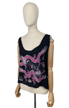 Load image into Gallery viewer, Original 1920's Black Pure Silk Top with Vibrant Silk Embroidery of Chinese Dragons in Pink and Blue - Bust 36 *